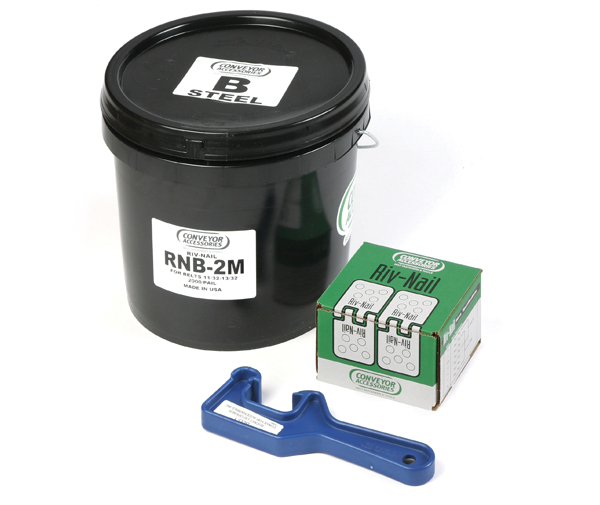 Conveyor Accessories' Riv-Nails are available in boxes of 250 and buckets of 2,000.